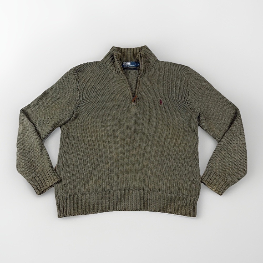Polo by Ralph Lauren Sweater Mens Large Green 1/4 Zip 100% Cotton Burgundy Pony